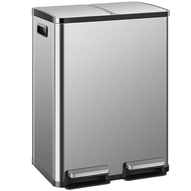 Elevon Kitchen Trash Can with Lid, 2 x 8 Gallon Garbage Can, with Soft-Close Foot Pedal and Removable Inner Bucket, 60 Liter Large Stainless Waste Bin for Bathroom Bedroom Home Office