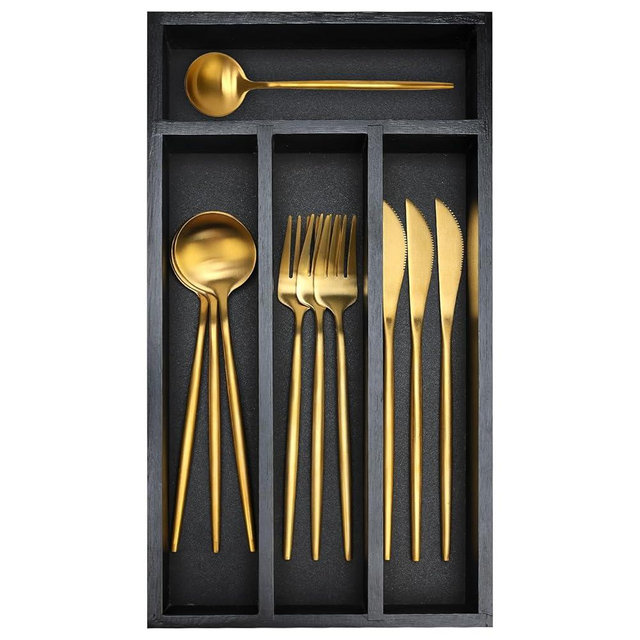 Ayiaren Small Wooden Silverware Organizer Tray Narrow Kitchen Drawer Dividers Utensil Organizers and Storage Black Cutlery Trays Spoon Flatware Organizer for Drawer Bamboo Cutlery Utensil Holder Tray