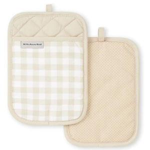 KitchenAid Gingham Pot Holder 2-Pack Set, Milkshake Tan, 7"x10"