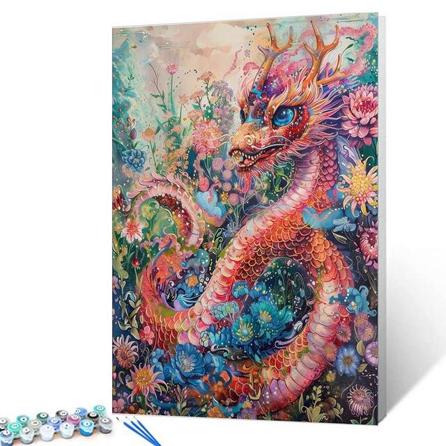 Tucocoo Dragon DIY Paint by Numbers Kits with Brushes and Acrylic Pigment on Canvas Painting for Adults, Abstract Animal Colorful Floral Pictures for Home Decor Wall Art Gifts 16''x20'' (DIY Framed)
