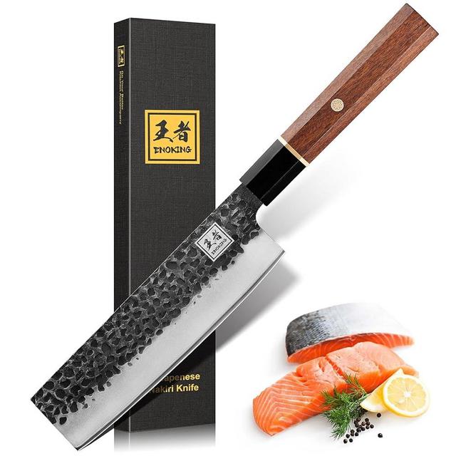 ENOKING Japanese Nakiri Chef Knife 7 Inch, Professional Nakiri Knife Hand Forged Vegetable Kitchen Knife, 5 Layers 9CR18MOV Clad Steel Chopping Knife with Rosewood Handle and Gift Box