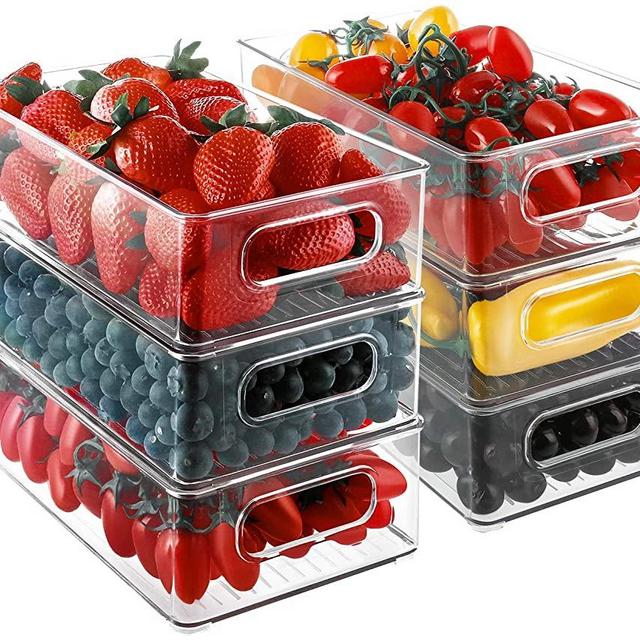 Refrigerator Organizer Bins, HERKKA 6 PACK Organizer Bins Stackable Fridge Organizers with Cutout Handles for Freezer, Kitchen, Countertops, Cabinets - Clear Plastic Pantry Food Storage Rack