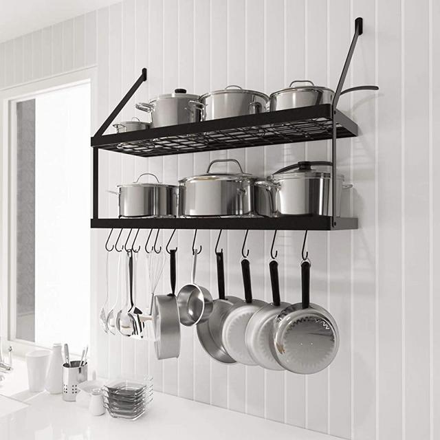KES 30-Inch Pot Rack 2 Tier Pan Rack for Kitchen Wall Mounted Pot Organizer with 12 S-Hooks Heavy-Duty Matte Black, KUR218S75B-BK