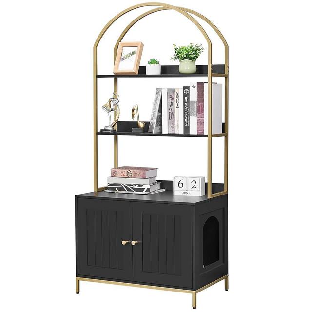 Homhedy Cat Litter Box Enclosure,Litter Box Furniture Hidden with 2-Tier Storage Shelves,Wooden Cat Washroom Furniture with Metal Frame,Cat House,Modern style, Black and Gold