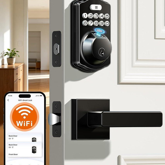 Veise VE012W-L Built-in Wi-Fi Fingerprint Smart Lock with Lever Handle Set, App Remote Control, Keyless Entry for Front Door, Deadbolt Digital Backlit Keypad, Voice Assistant, Auto Lock, Matte Black