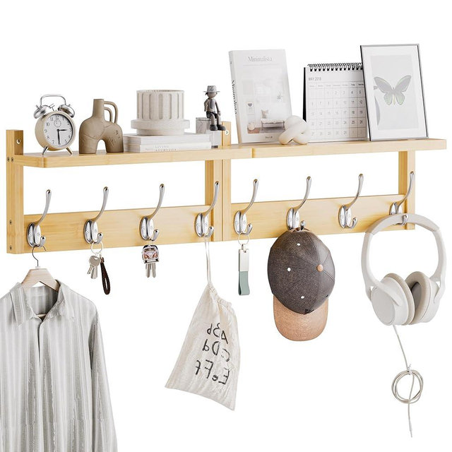 STELLSTAR Coat Rack with Shelf, 2 Pack Bamboo Wall-Mounted Coat Hanger with 8 Hooks for Entryway, Hallway, Kitchen, Bathroom, Living Room, Utility Room (Natural)
