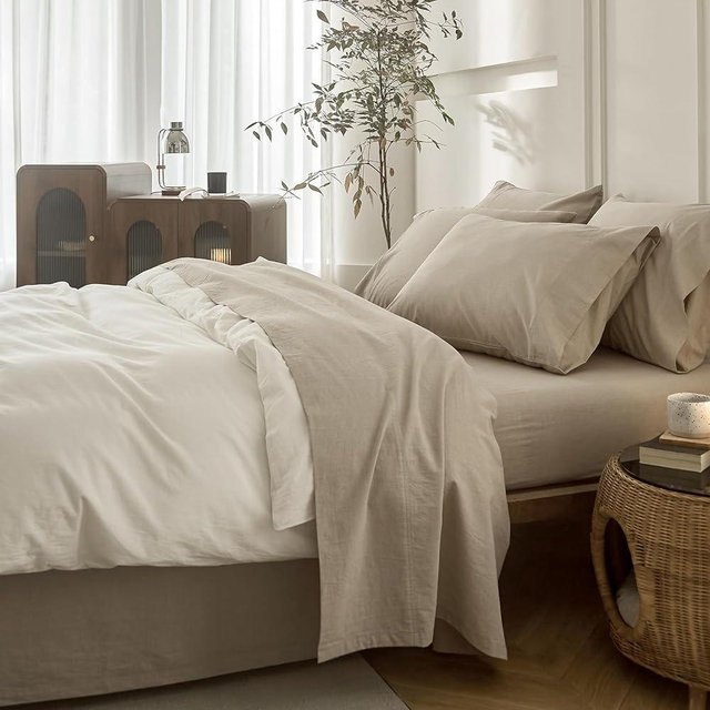 BDEAR 4PS Linen Grey King Size Bedding Set, Oeko-TEX Standard 100% Washed Cotton Linen Like Bedding Sheet Sets Cover Deep Pocket Fitted Sheet Plus Cozy Flat Sheet and 2 Pillowcases