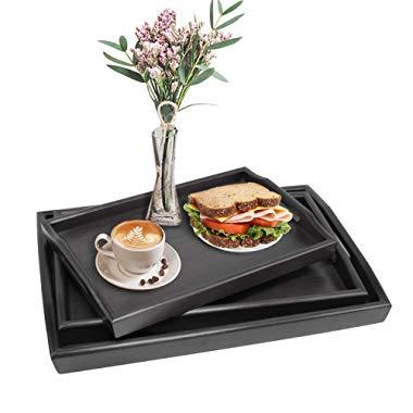 Reliancer Set of 3 Large Wooden Serving Trays w/Handles Nesting Breakfast Serving Trays Decorative Rectangular Wood Display Tray Set Nested Food Tray Butler Serving Tray for kitchen Party Dinner