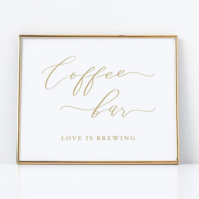 Coffee Bar Sign for Weddings and Events, Love is Brewing Bar Sign with Gold and White Minimlist Design on Thick Cardstock by Gandy Designs