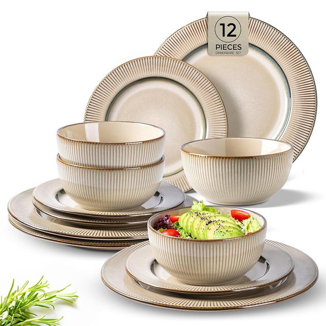 GBHOME Ceramic Dinnerware Sets,12 pcs Embossed Elegant Stoneware Plates and Bowls Sets, Housewarming Wedding Gift | Dishwasher & Microwave Safe | Dishes Set Service for 4