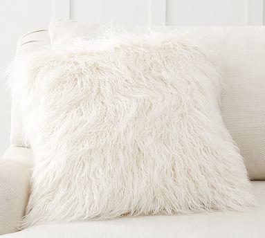 Faux Fur Mongolian Pillow Cover, 18", Ivory