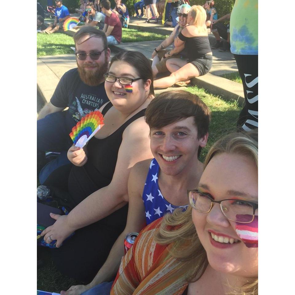 Hanging out with our wedding party at Bowling Green Pride, 2019