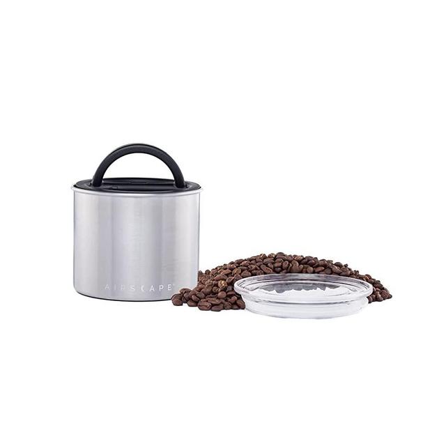 Airscape Stainless Steel Coffee Canister | Food Storage Container | Patented Airtight Lid | Push Out Excess Air Preserve Food Freshness (Small, Brushed Steel)