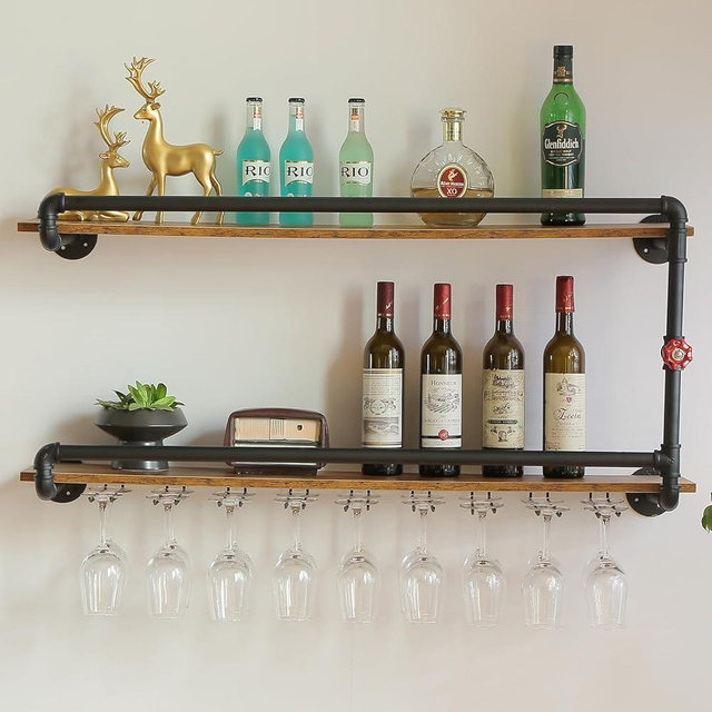 BOTAOYIYI 41 Inch Wine Rack Wall Mounted 2 Tier, Hanging Floating Bar Liquor Shelves with Glass Holder Storage Under, Industrial Rustic Pipe Farmhouse Kitchen Decor Black