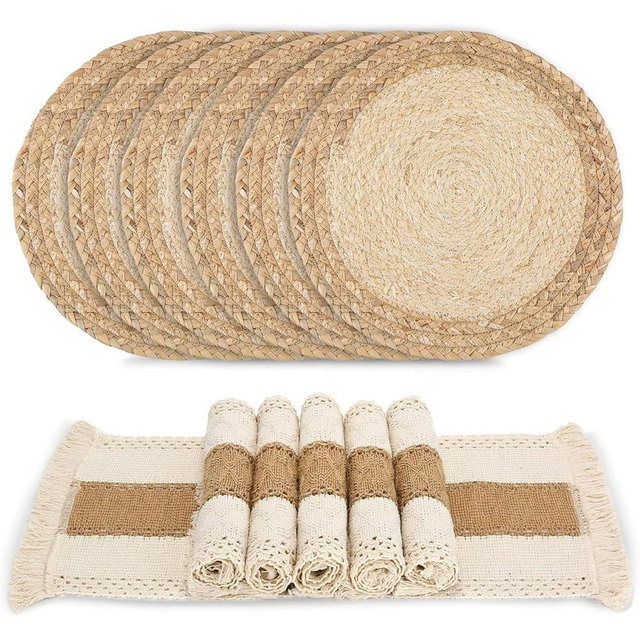 DUYING Handmade Boho Placemats Set of 6 - Natural Cotton Burlap and Water Straw Woven Combination Table Mats, Macrame Décor and Farmhouse Style Placemats, for Dining Table Kitchen (Natural, 6PC)