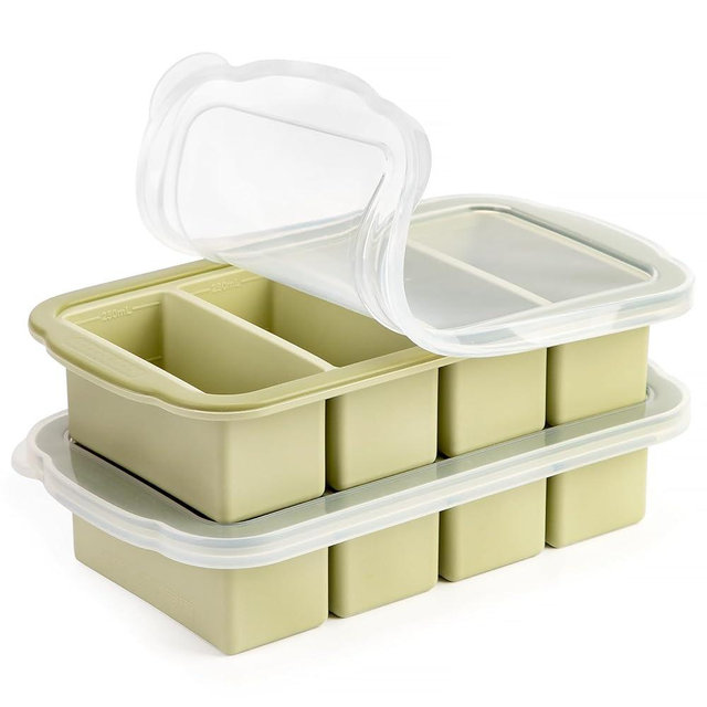 Aichoof 1 Cup Extra Large Silicone Ice Cube Freezing Trays with Silicone lid for soup saver, Freezer Container for broth,sauce, butter -makes 1cup ice Cube(2 PACK) (Light Green, 2 PACK)