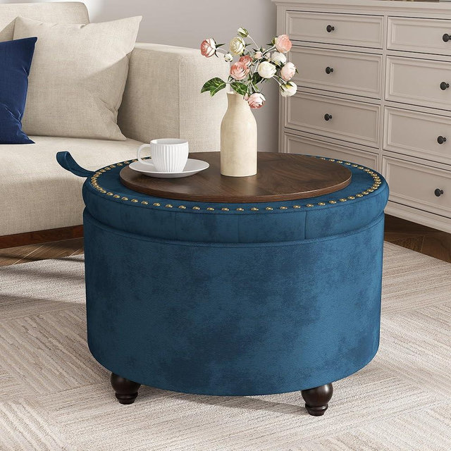 YUUIJOAA 24 Inch Round Storage Ottoman,Modern Tufted Ottomans,Circular Coffee Table with Removable Top,Upholstered Large Ottoman with Storage Footrest Stool for Bedroom Living Room (Blue)