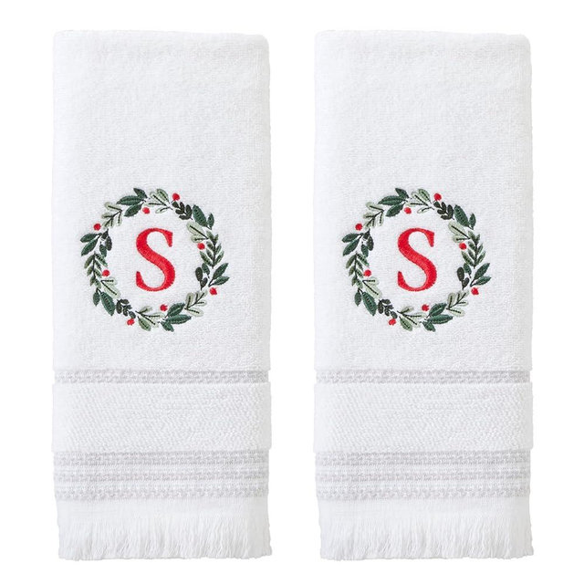 SKL Home Christmas/Winter Wreath Monogram Hand Towel S 2pc Set for Bath/Kitchen/Bar & Gift, White
