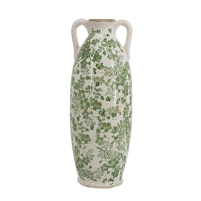 T2 Concept Ceramic Accent Vase with Elegant Green Floral Patterns and Small Handles Decorative Flower Vase Farmhouse Home Decor 6” x 15.5”