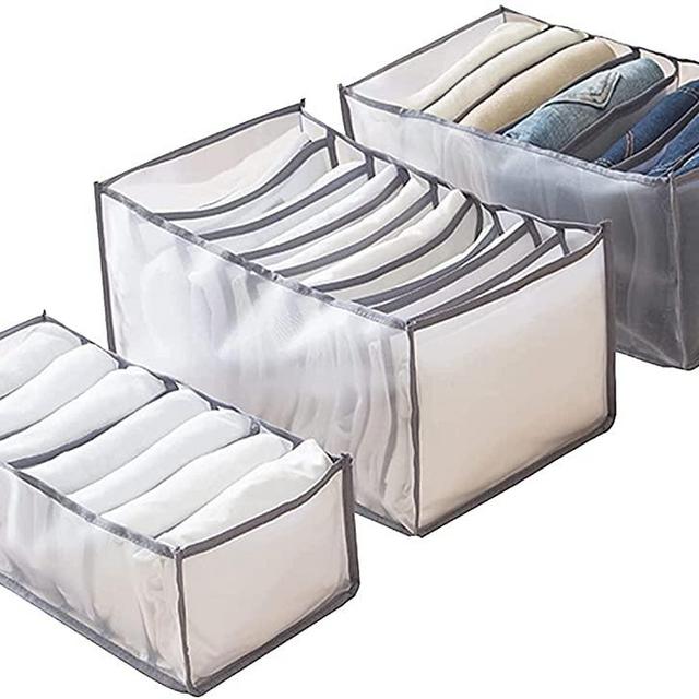 ZNNCO Wardrobe Clothes Organizer,7 Grids Foldable Visible Clothes Storage Organizer Clothes Drawer Mesh Storage Box for Jeans,T-shirt,Legging,Skirts (Grey 3Pack)