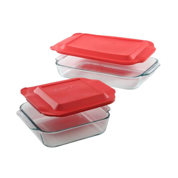 Pyrex 4pc Bakeware Value Set Red: Glass Baking Dishes, Microwave & Dishwasher Safe, 3qt & 8" Square with Covers