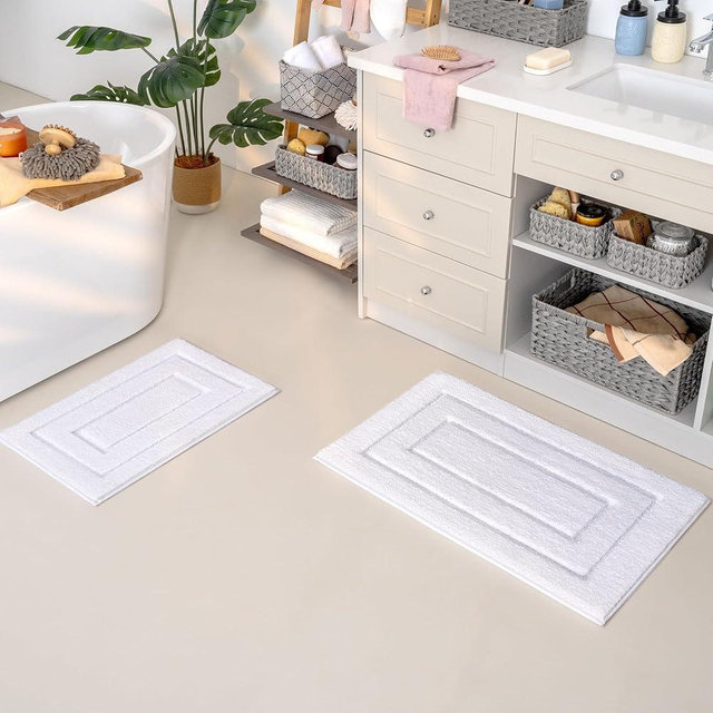 GRANNY SAYS Bathroom Rugs Sets 2 Piece,Soft Bath Mats for Bathroom, Bathroom Rugs Non Slip Washable, Absorbent Bath Rug for Tub,Shower and Toilet, Bathroom Mat Set (White, 20" x 32" + 16" x 24")
