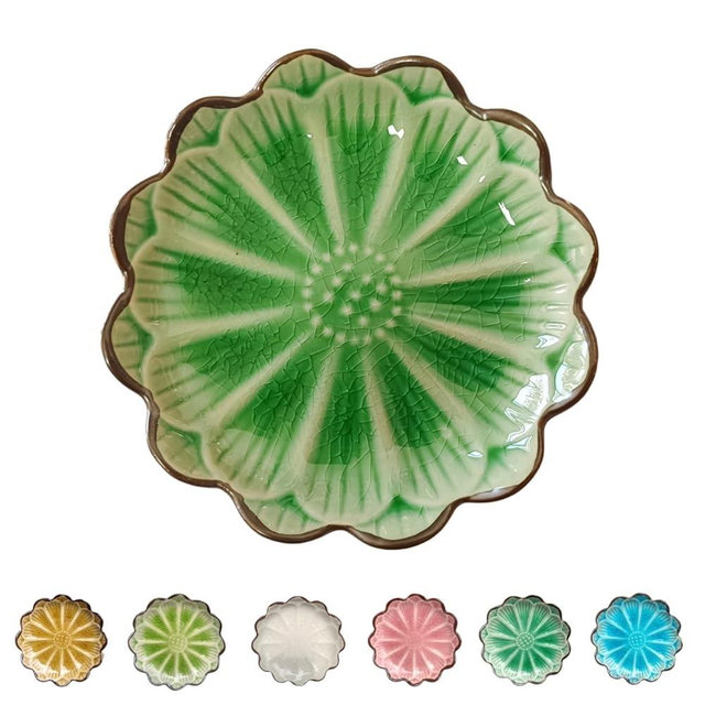 Ceramic Spoon Rest for Stove Top, Flower Cute Spoon Rest for Kitchen Counter, Cooking Spoon Holder for Kitchen Counter, Utensil Rest Spatula Rest Ladle Holder Tong Rest, 1 PC (Ice Cracks, Emerald)