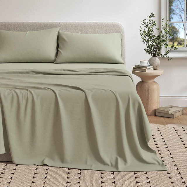 Great Bay Home Cotton Jersey Knit King Sheet Set - Ultra-Soft, Stretchy, Heathered Melange Bed Sheets - Cozy, Soft T-Shirt Sheet & Pillowcase Set (Heathered Olive)