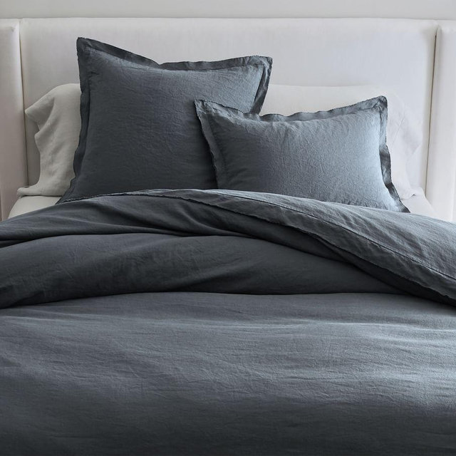 Steel Blue Belgian Flax Linen Double Flange Duvet Cover, King/Cal. King