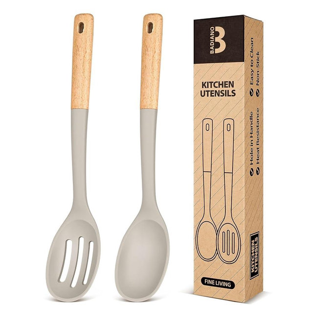 Silicone Cooking Spoons, Great for Scooping Sides and Serving Hearty Stews, BPA-Free Matte Silicone, Wooden Handle Serving Spoon for Nonstick Cooking Surfaces (Khaki)