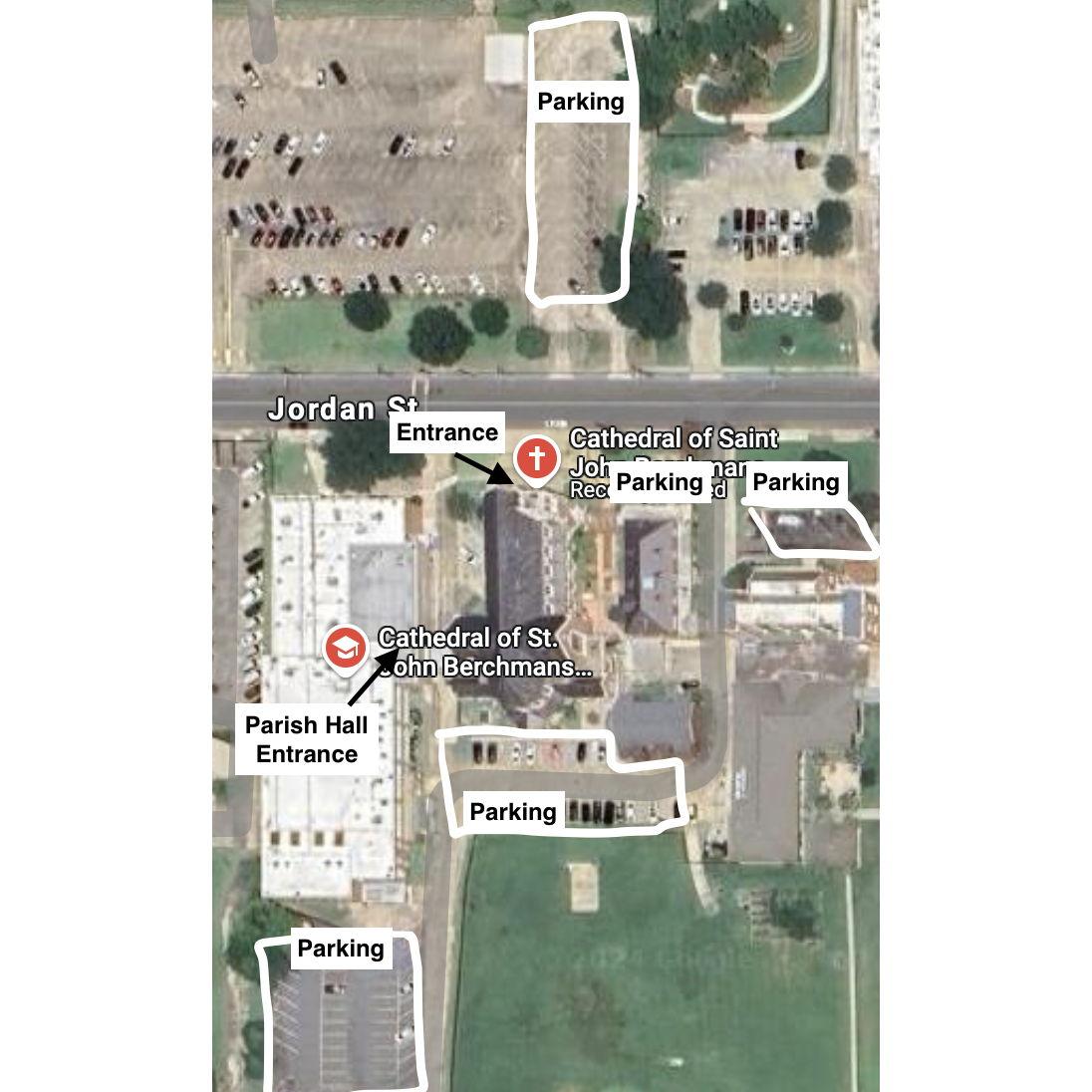 Not as romantic or cute: Here's a map of the Cathedral with entrance and parking lots highlighted!