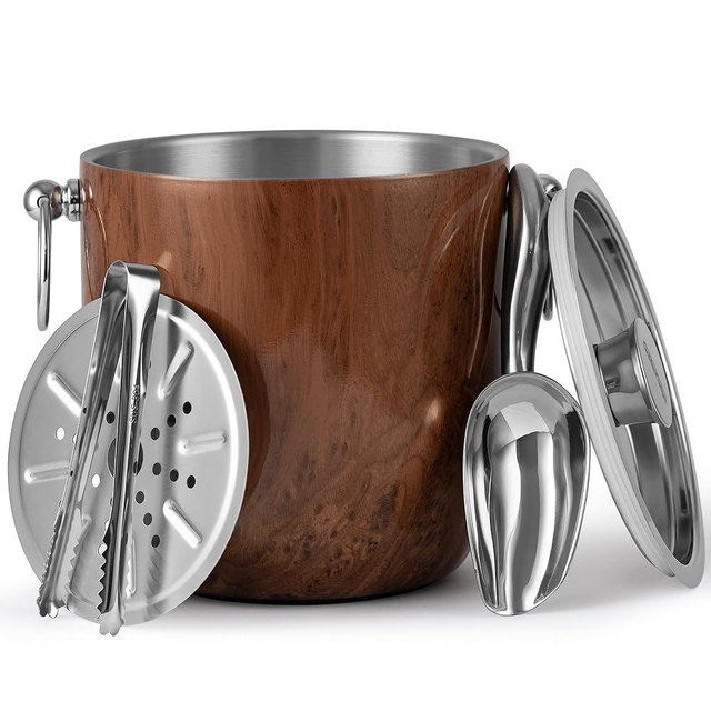 Golden Cudgel Insulated Ice Bucket, 3L Double Wall Stainless Steel Ice Bucket with Tongs,Lid, Scoop and Strainer, Ice Buckets for Parties,Cocktail Bars, Chilling Beer, Champagne, Wine Bottles,Wood