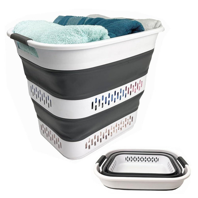 SAMMART 40L (10.5 Gallon) Collapsible Plastic Laundry Basket - Foldable Pop Up Storage Container/Organizer - Portable Laundry Hamper - Space Saving (1, White/Steel Grey)