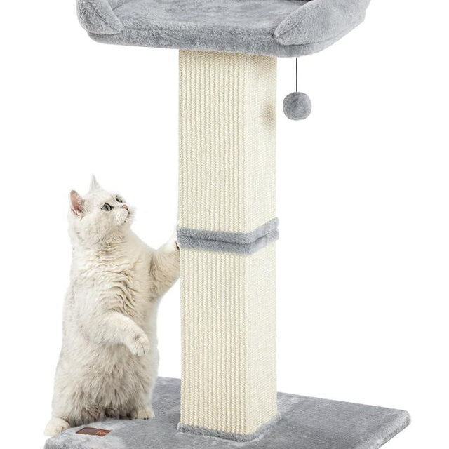 Karolpar 32" Cat Scratching Post for Indoor Cats, Sisal Cat Scratcher with Plush Perch, Large Scratch Post with Bed, Removable Cover, Sisal Fabric,Light Grey