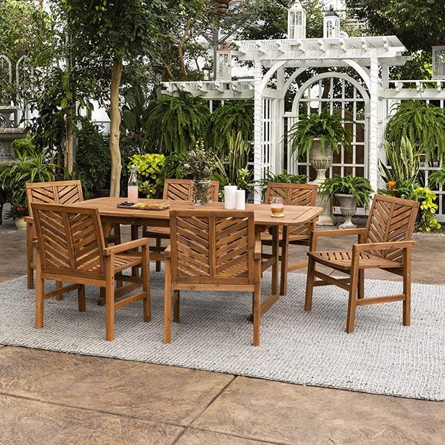 Walker Edison AZW7TXVINBR 6 Person Outdoor Wood Chevron Patio Furniture Dining Set Extendable Table Chairs All Weather Backyard Conversation Garden Poolside Balcony, Brown
