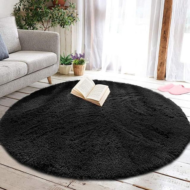 junovo Round Fluffy Soft Area Rugs for Kids Girls Room Princess Castle Plush Shaggy Carpet Cute Circle Nursery Rug for Kids Teen's Bedroom Living Room Home Decor Large Circular Carpet, 6ft Black