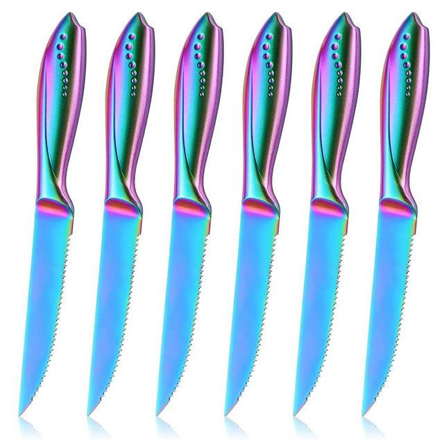 Serrated Steak Knife Set of 6, WELLSTAR Razor Sharp German Steel Blade 4.75 inch and Comfortable Stainless Steel Hollow Handle with Rainbow Titanium Coated Dinner Table Knives Set for Home Restaurant