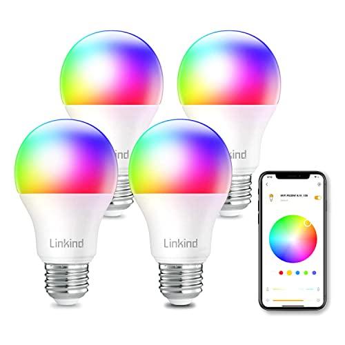 Linkind Smart WiFi Light Bulb, A19 E26 RGBW LED Bulb, Dimmable Multicolor/Tunable White(Warm to Daylight), Wordk with Alexa, Google Home, No Hub Required, 9W (60W Equivalent), Pack of 4