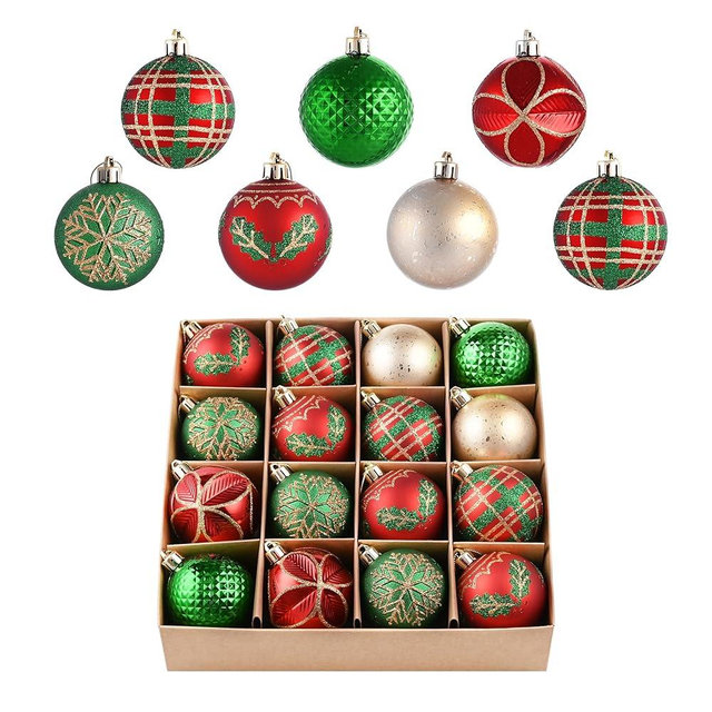 Valery Madelyn Ornaments for Christmas Tree, 16ct 2.36 Inches Red Green Gold Shatterproof Christmas Tree Decorations, Traditional Country Hanging Ball Ornaments Bulk for Xmas Holiday Decor