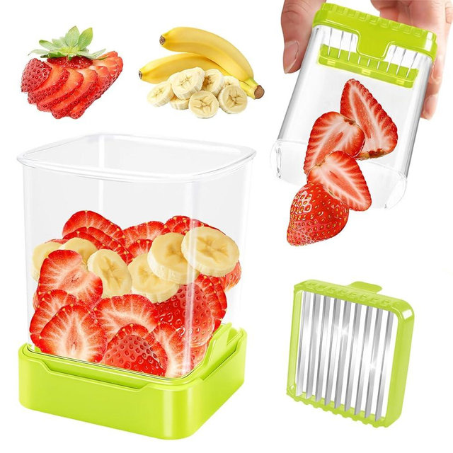 GENGCANG Fruit Slicer Cup for Strawberry, Banana, Hard-Boiled Egg - Detachable Cutter with Push Plate - Rapid & Safe Slicing Kitchen Gadget for Quick Meal Prep (Food green)