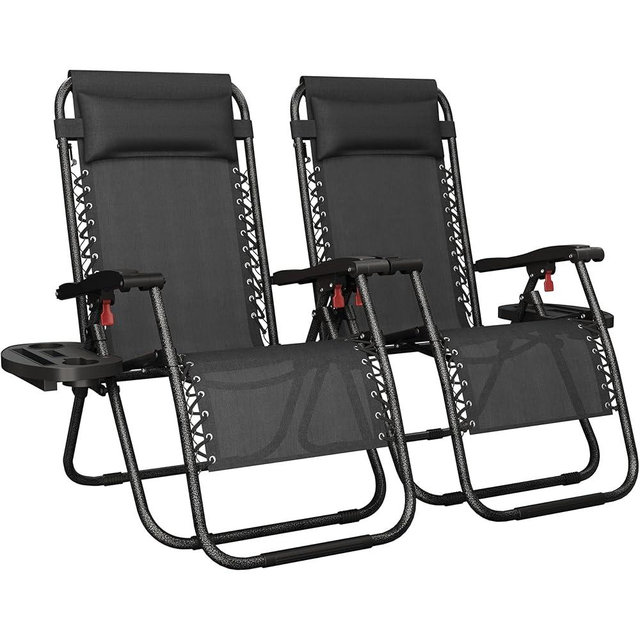 Yaheetech 29" Zero Gravity Recliners Outdoor Adjustable Folding Reclining Lounge Chairs w/Pillows, Cup Holder Trays and Carry Strap for Patio Backyard Beach Black Set of 2