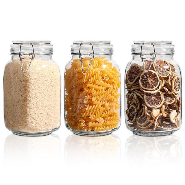 KTMAMA Airtight Glass Canister Set of 3 with Lids 50oz Clear Food Storage Jars Square, Kitchen & Pantry Organization Food Storage Container for Canning, Sugar, Flour, Pasta, Candy, Cereal, Coffee