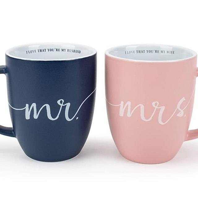 Lighthouse Christian Products Mr and Mrs Blue and Pink 13 ounce Ceramic Coffee Mugs Set of 2
