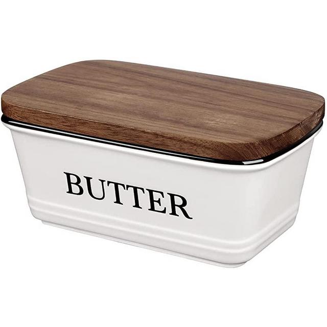 Farmhouse Butter Dish with Lid for Countertop - Airtight Large Ceramic Butter Container Holder with Acacia Wooden Lid for Counter - Modern Farmhouse Kitchen Decor and Accessories - White