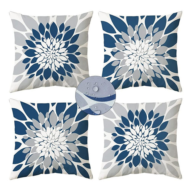Blue and Grey Throw Pillow Covers Set of 4 Outdoor Waterproof Pillow Covers Modern Decorative Dahlia Floral Couch Pillowcases for Patio Bedroom Living Room Sofa, 18" x 18"