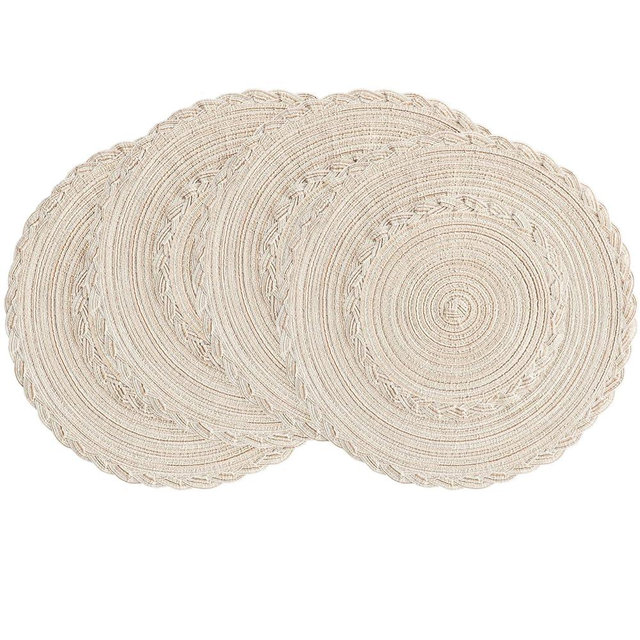 Floroom 15 Inch Round Braided Placemats Set of 4, Washable Heat Resistant Cotton Polyester Circle Boho Place Mats for Kitchen Dining Table - Canvas Beige Bordered