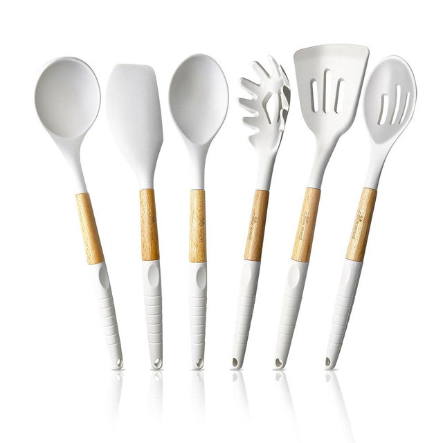 Cookward Silicone Cooking Utensils Set (6 pcs) Natural Wood Kitchen Utensils – Eco Friendly & BPA Free, Non-Scratch & Non-Stick Easy Grip -White