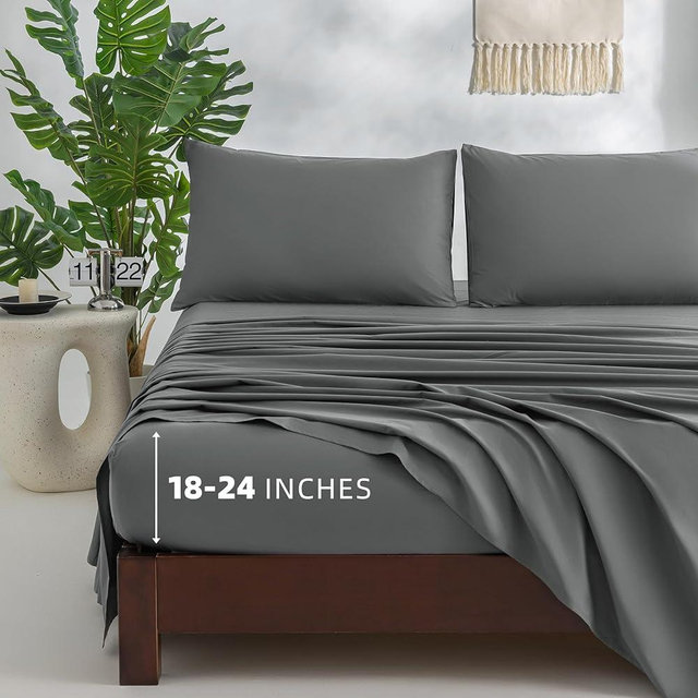 Jessrydo 100% Cotton Sheets King Size Sheets Deep Pocket Fits 18"-24" Mattress Luxury Soft Breathable Cooling Dark Gray Cotton King Sheet Set 4 Pieces Cotton Bed Sheets