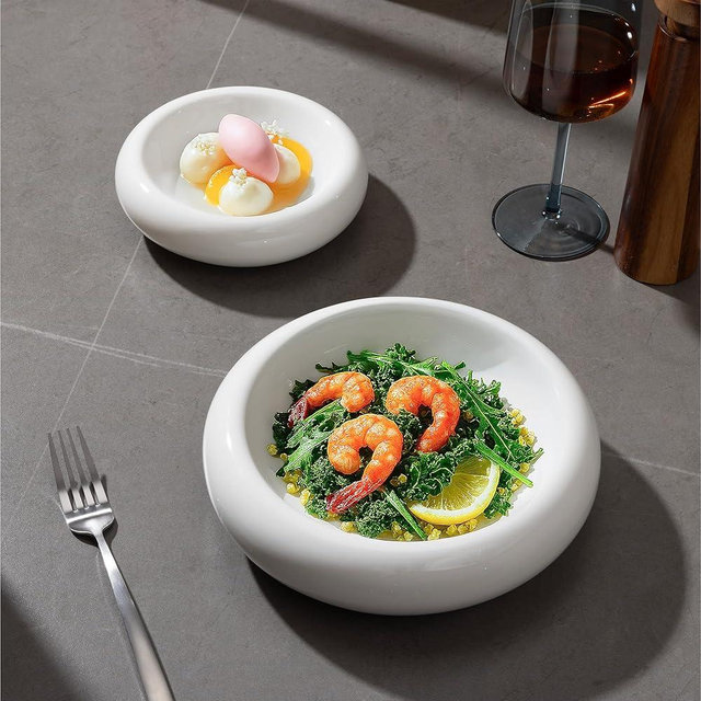 Navaris Chunky Dinner Plate 2-Piece Set - Cream White Non-Toxic Porcelain - Deep Salad Bowl & Dessert Plate - Microwave and Dishwasher Safe - 6.5" (16.5cm) and 8.5" (21.5cm)