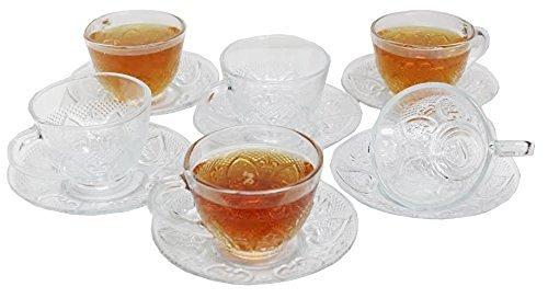 Elegant Glass Tea Cup and Saucer Set, 12 Piece